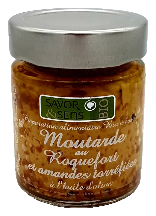 Senf mit Roquefort und gerösteten Mandeln mit Olivenöl, kleines Glas