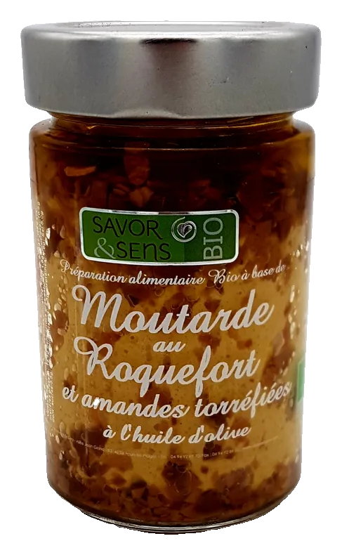 Senf mit Roquefort und gerösteten Mandeln mit Olivenöl, kleines Glas