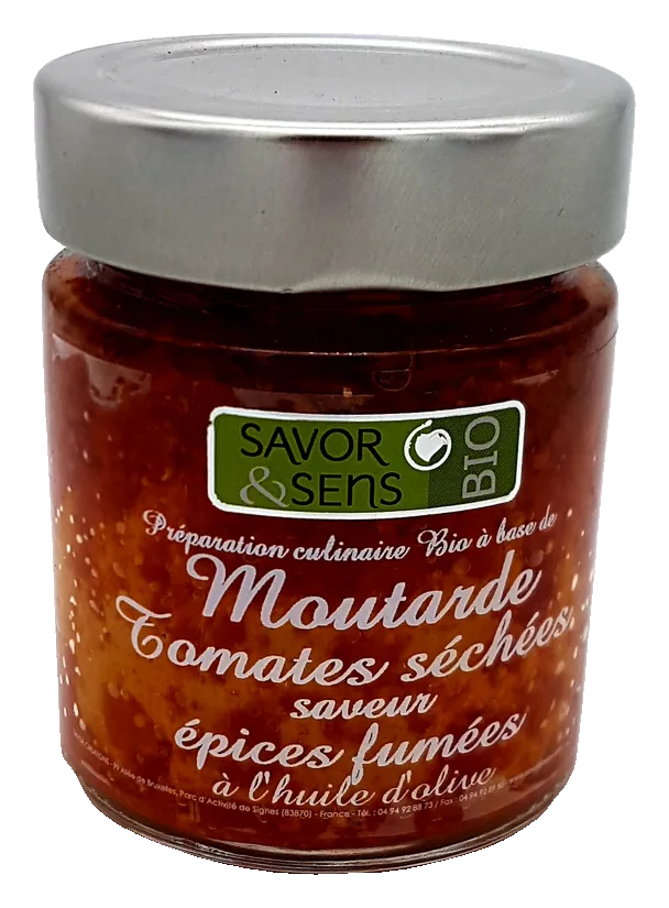 Senf mit getrockneten Tomaten und Rauchgewürzen mit Olivenöl, kleines Glas